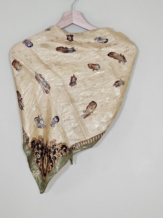 Unbranded Silk Scarf Womens 31 x 32 Inches Multicolor Gold Floral Feathers Print - Picture 15 of 15
